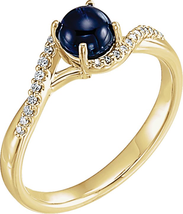 14K Gold Round Natural Blue Sapphire & Natural Diamond Accented Cabochon Ring - Yellow Gold
