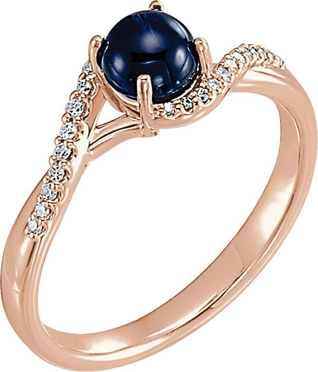 14K Gold Round Natural Blue Sapphire & Natural Diamond Accented Cabochon Ring - Rose Gold