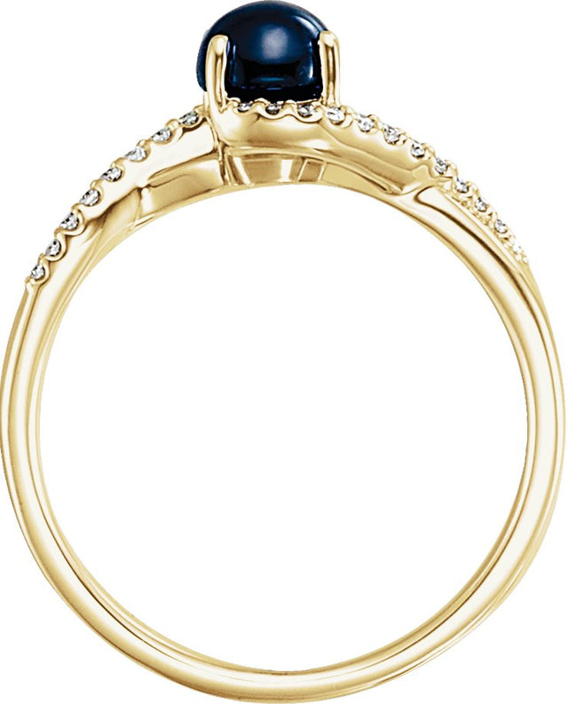 14K Gold Round Natural Blue Sapphire & Natural Diamond Accented Cabochon Ring - Yellow Gold - view 2