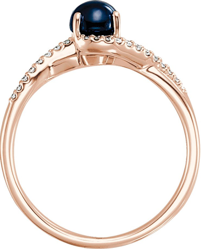 14K Gold Round Natural Blue Sapphire & Natural Diamond Accented Cabochon Ring - Rose Gold - view 2