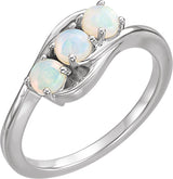 14K Gold Round Natural Opal Three-Stone Cabochon Ring - White Gold