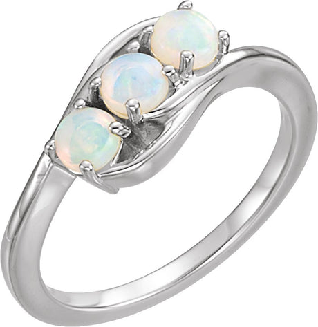 14K Gold Round Natural Opal Three-Stone Cabochon Ring - White Gold