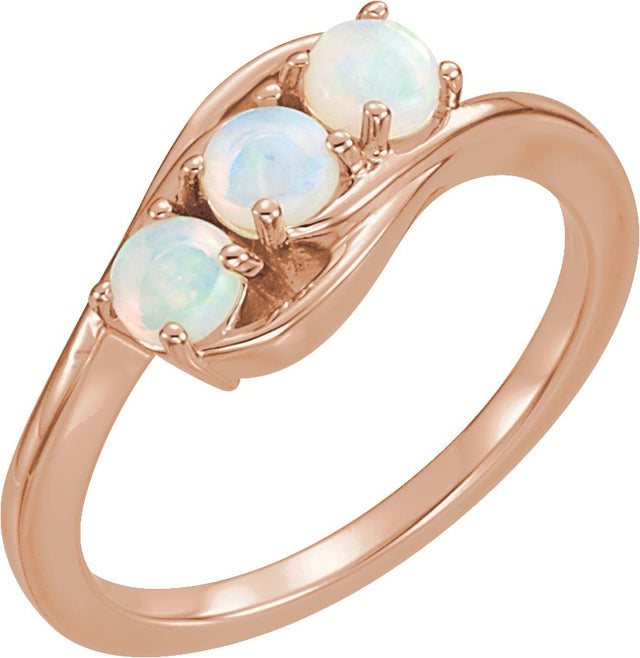 14K Gold Round Natural Opal Three-Stone Cabochon Ring - Rose Gold