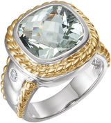 14K Gold Cushion Natural Green Quartz & Natural Diamond Accented Rope Ring