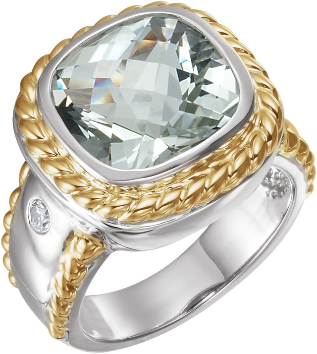14K Gold Cushion Natural Green Quartz & Natural Diamond Accented Rope Ring