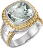 14K Gold Cushion Natural Green Quartz & Natural Diamond Accented Rope Ring