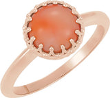 14K Gold Round Natural Pink Coral Crown Cabochon Ring - Rose Gold