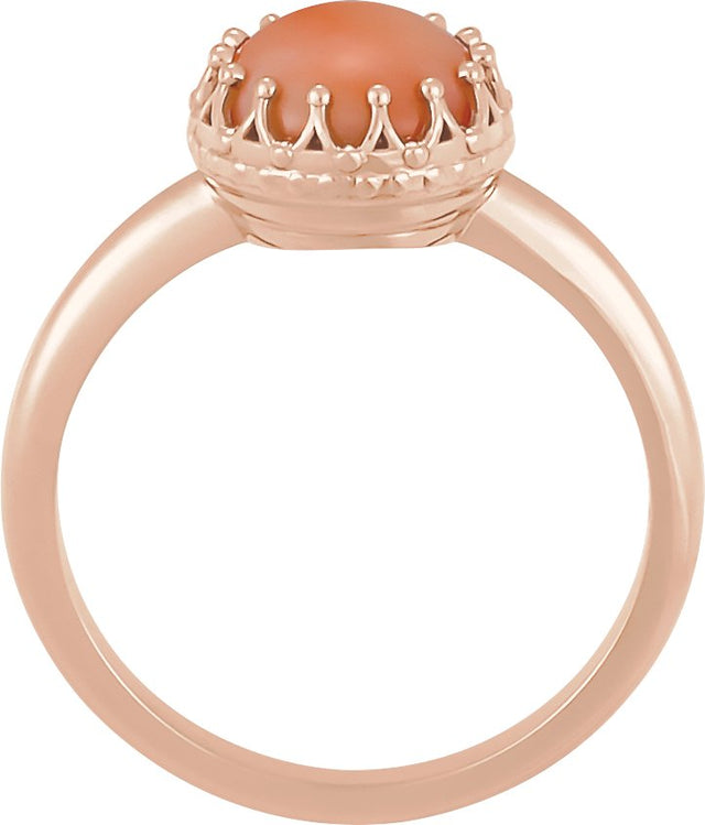 14K Gold Round Natural Pink Coral Crown Cabochon Ring - Rose Gold - view 2
