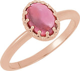 14K Gold Oval Natural Pink Tourmaline Crown Cabochon Ring