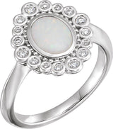 Platinum Oval Natural White Opal & Natural Diamond Halo-Style Ring