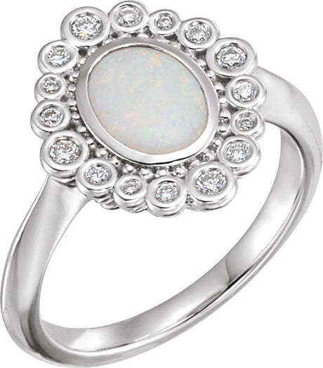 Platinum Oval Natural White Opal & Natural Diamond Halo-Style Ring