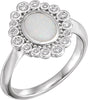 Platinum Oval Natural White Opal & Natural Diamond Halo-Style Ring