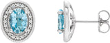 Platinum Natural Aquamarine & Natural Diamond Oval 4-Prong Halo-Style Earrings