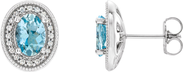 Platinum Natural Aquamarine & Natural Diamond Oval 4-Prong Halo-Style Earrings