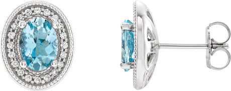 14K Gold Natural Aquamarine & Natural Diamond Oval 4-Prong Halo-Style Earrings - White Gold