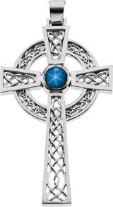 14K Gold Round Natural Blue Star Sapphire Celtic-Inspired Cross Pendant - White Gold