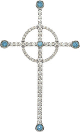 14K Gold Round Natural Swiss Blue Topaz & Natural Diamond Cross Pendant - White Gold