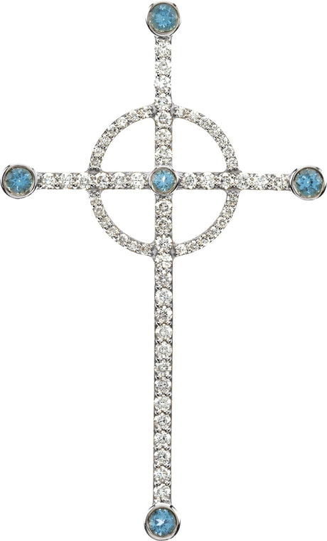 14K Gold Round Natural Swiss Blue Topaz & Natural Diamond Cross Pendant - White Gold