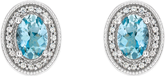 14K Gold Natural Aquamarine & Natural Diamond Oval 4-Prong Halo-Style Earrings - White Gold - view 2