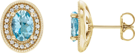 14K Gold Natural Aquamarine & Natural Diamond Oval 4-Prong Halo-Style Earrings - Yellow Gold