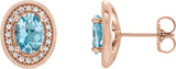 14K Gold Natural Aquamarine & Natural Diamond Oval 4-Prong Halo-Style Earrings - Rose Gold