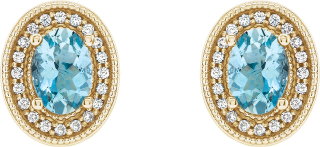 14K Gold Natural Aquamarine & Natural Diamond Oval 4-Prong Halo-Style Earrings - Yellow Gold - view 2