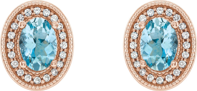 14K Gold Natural Aquamarine & Natural Diamond Oval 4-Prong Halo-Style Earrings - Rose Gold - view 2