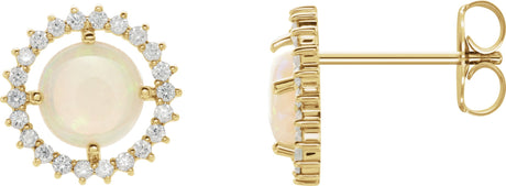 14K Gold Round Natural White Opal & Natural Diamond Halo-Style Earrings – 6mm Stones - Yellow Gold