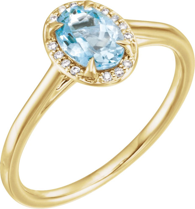 14K Gold Oval Natural Aquamarine & Natural Diamond Halo-Style Ring – 7x5mm - Yellow Gold