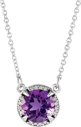 14K Gold Round Natural Amethyst & Natural Diamond Halo-Style Necklace - White Gold
