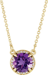 14K Gold Round Natural Amethyst & Natural Diamond Halo-Style Necklace - Yellow Gold
