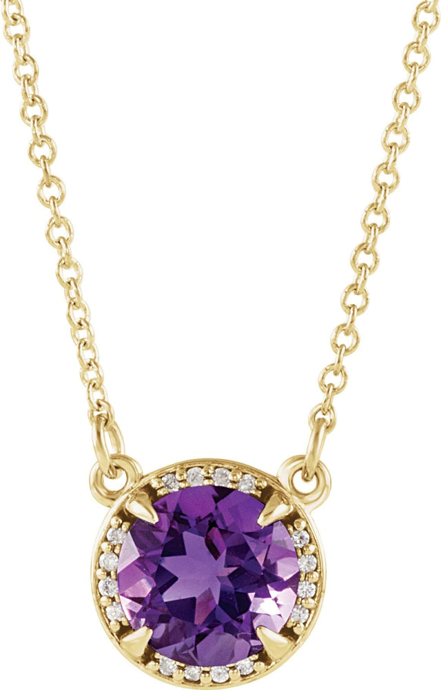 14K Gold Round Natural Amethyst & Natural Diamond Halo-Style Necklace - Yellow Gold