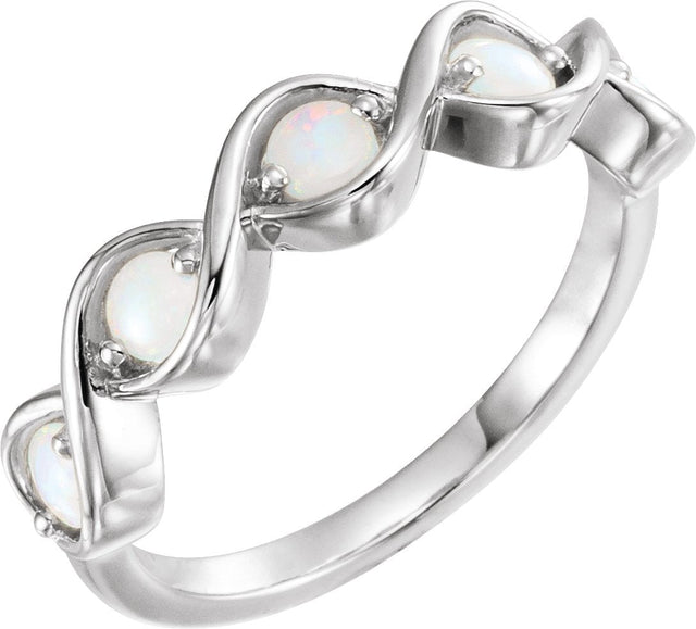 14K Gold Round Natural White Opal Accented Stackable Ring - White Gold