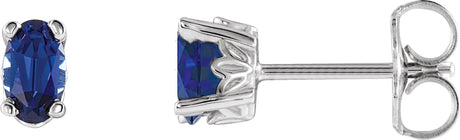 14K Gold Lab-Grown Blue Sapphire Oval 4-Prong Scroll Setting Stud Earrings - White Gold