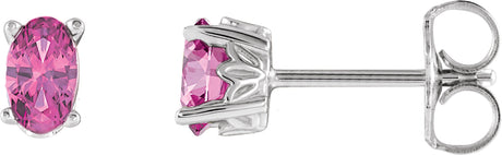 14K Gold Natural Pink Tourmaline Oval 4-Prong Scroll Setting Stud Earrings - White Gold