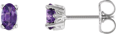 14K Gold Natural Amethyst Oval 4-Prong Scroll Setting Stud Earrings - White Gold