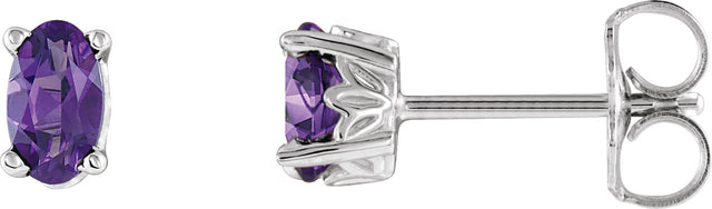 14K Gold Natural Amethyst Oval 4-Prong Scroll Setting Stud Earrings - White Gold
