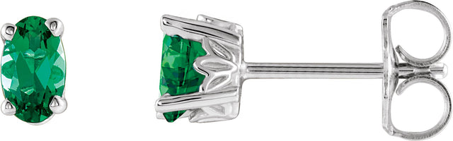 14K Gold Lab-Grown Emerald Oval 4-Prong Scroll Setting Stud Earrings - White Gold