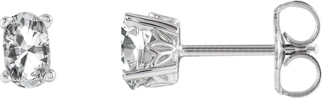 14K Gold Natural White Sapphire Oval 4-Prong Scroll Setting Stud Earrings - White Gold