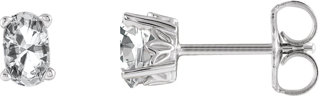 14K Gold Natural White Sapphire Oval 4-Prong Scroll Setting Stud Earrings - White Gold