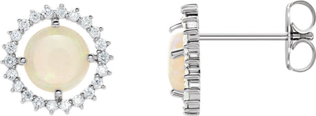 Platinum Round Natural White Opal & Natural Diamond Halo-Style Earrings – 6mm Stones