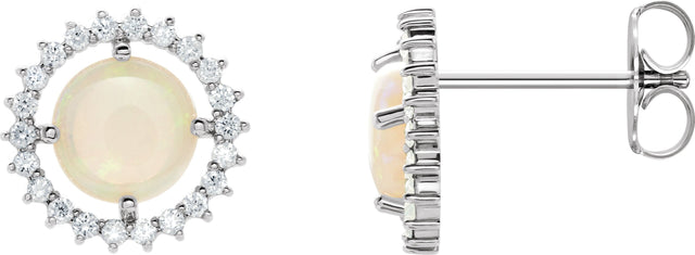Platinum Round Natural White Opal & Natural Diamond Halo-Style Earrings – 6mm Stones