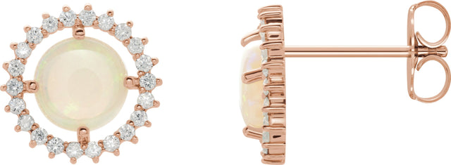 14K Gold Round Natural White Opal & Natural Diamond Halo-Style Earrings – 6mm Stones - Rose Gold