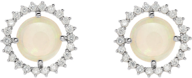 14K Gold Round Natural White Opal & Natural Diamond Halo-Style Earrings – 6mm Stones - White Gold - view 2
