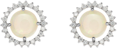 Platinum Round Natural White Opal & Natural Diamond Halo-Style Earrings – 6mm Stones - view 2