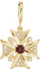 14K Gold Round Natural Mozambique Garnet & Natural Diamond Vintage-Inspired Cross Pendant – 28.6x16.4mm - Yellow Gold