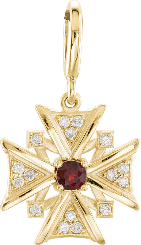 14K Gold Round Natural Mozambique Garnet & Natural Diamond Vintage-Inspired Cross Pendant – 28.6x16.4mm - Yellow Gold