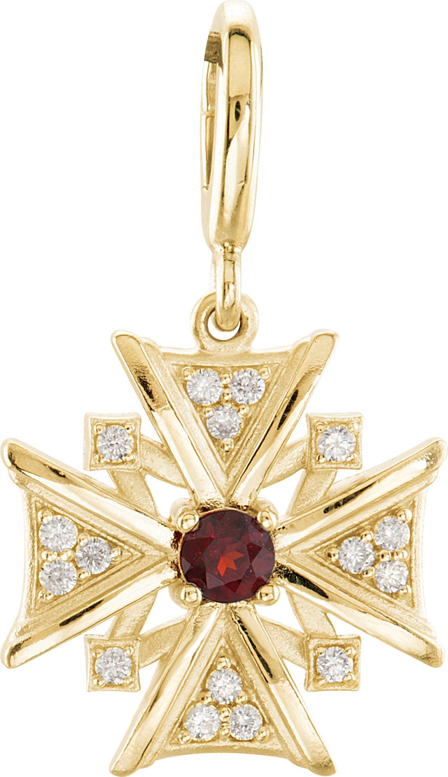14K Gold Round Natural Mozambique Garnet & Natural Diamond Vintage-Inspired Cross Pendant – 28.6x16.4mm - Yellow Gold