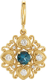 14K Gold Round Natural London Blue Topaz & Natural Diamond Vintage-Inspired Pendant – 29.2x17.2mm - Yellow Gold