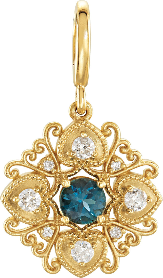 14K Gold Round Natural London Blue Topaz & Natural Diamond Vintage-Inspired Pendant – 29.2x17.2mm - Yellow Gold